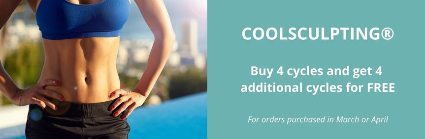 Coolsculpting - Buy 4 cycles and get 4 cycles for FREE (Model: fit woman with flat tummy stands by pool in black shorts and a blue sports bra)